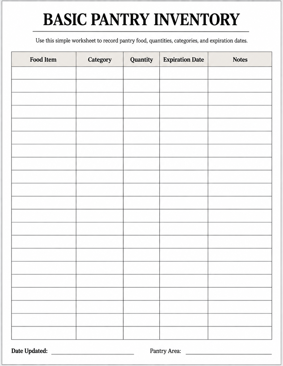 Basic printable pantry inventory template with food item, category, quantity, and expiration date columns