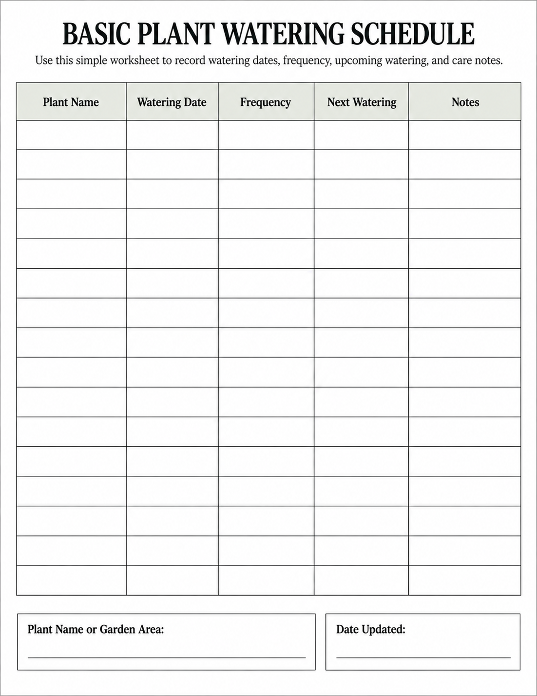 Basic printable plant watering schedule with watering date frequency and notes columns