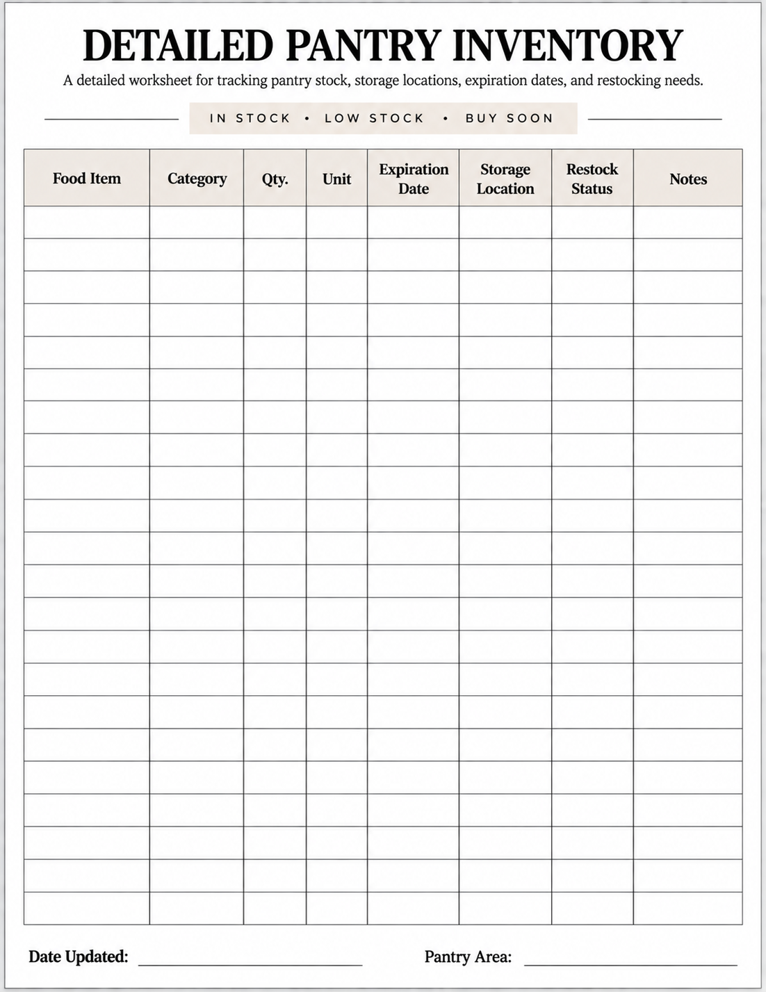 Detailed printable pantry inventory worksheet with storage and restock tracking fields