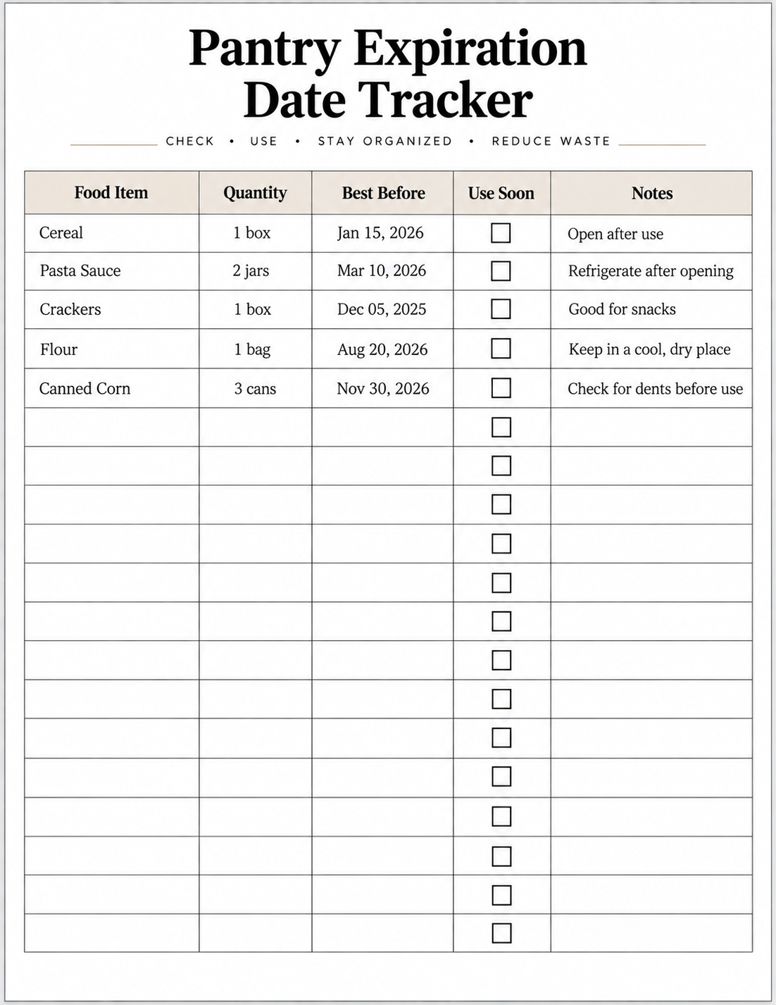 Printable pantry expiration date tracker with food items and best before dates
