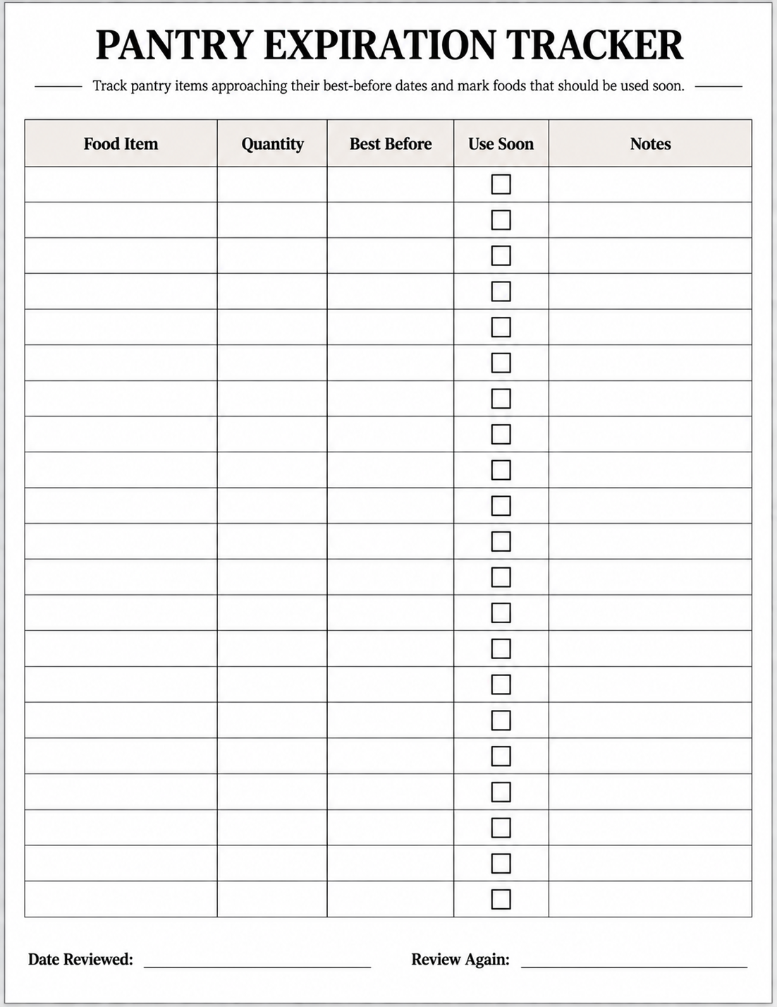 Printable pantry expiration tracker with best before and use soon checkboxes