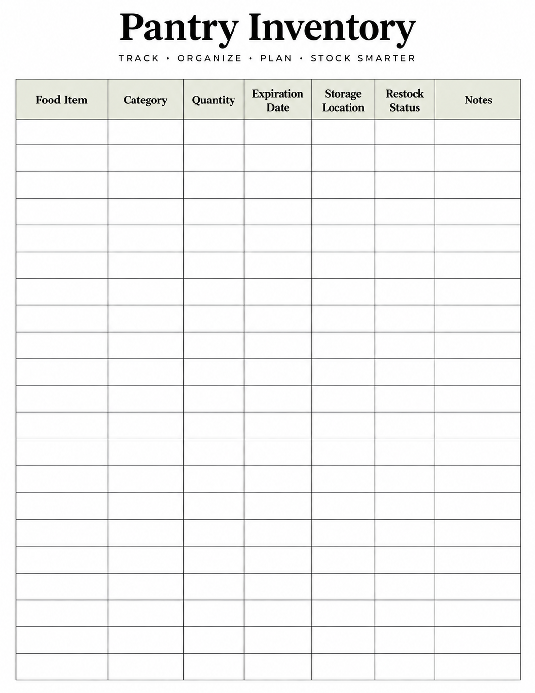 Pantry inventory worksheet showing food item quantity, expiration date, and notes fields