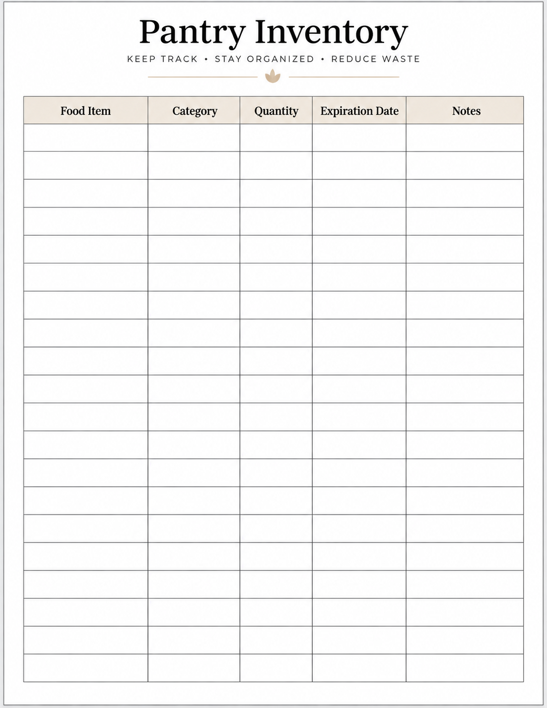 Printable pantry inventory template with food item quantity and expiration tracking columns