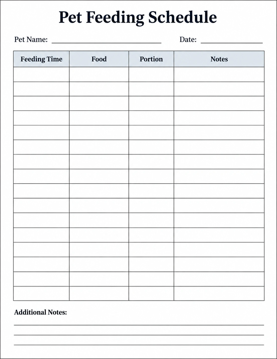 Printable pet feeding schedule template for tracking feeding times, food portions, and notes