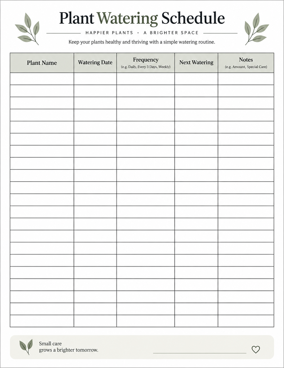 Printable plant watering schedule template for tracking plant watering dates and care notes