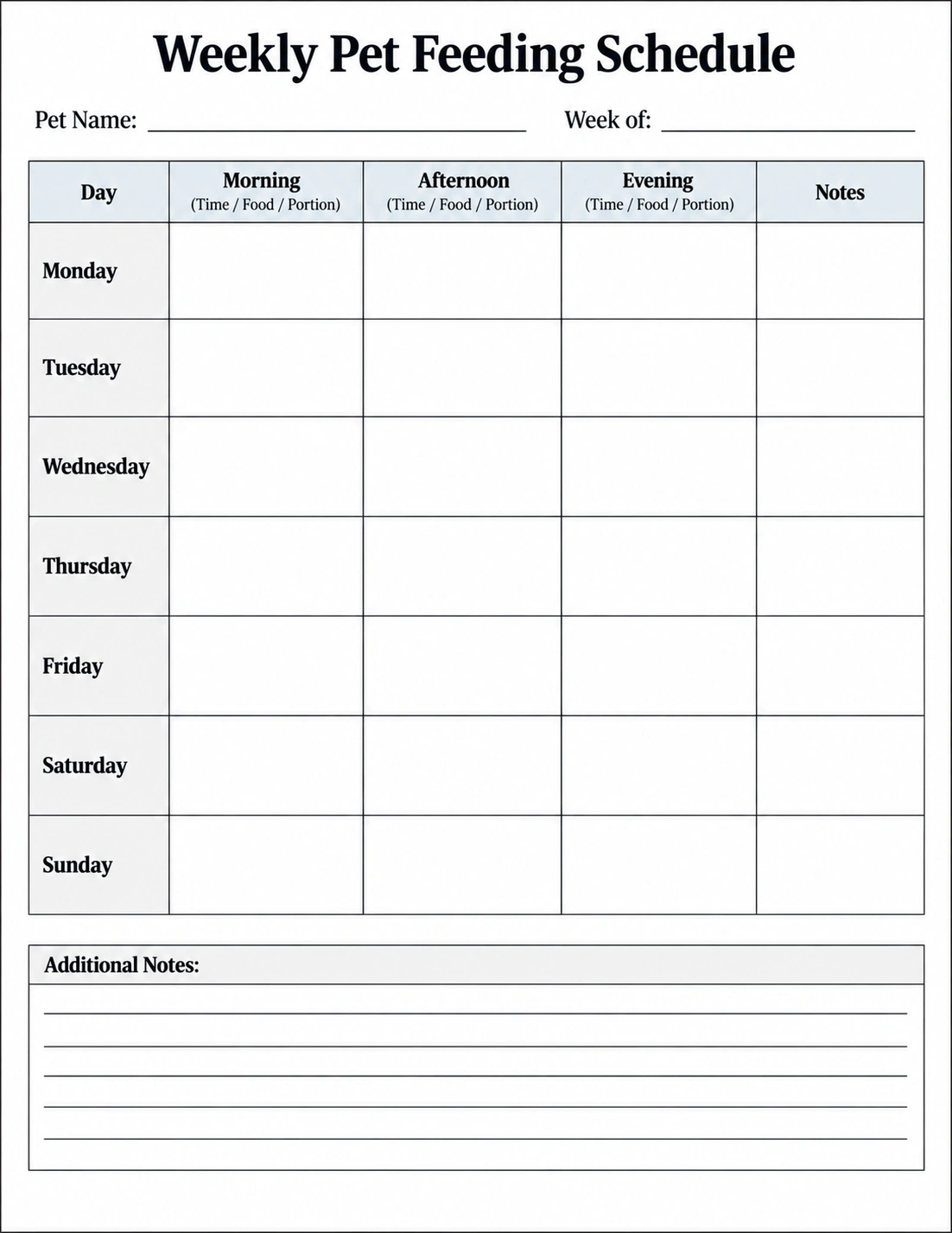Weekly printable pet feeding schedule with daily feeding times and notes