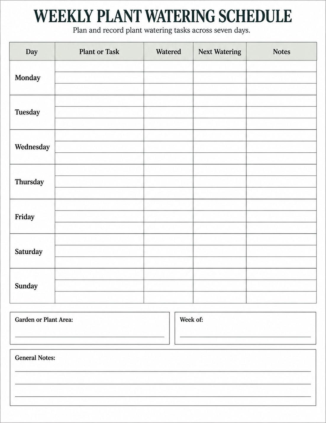 Weekly printable plant watering schedule with daily plant care and notes sections