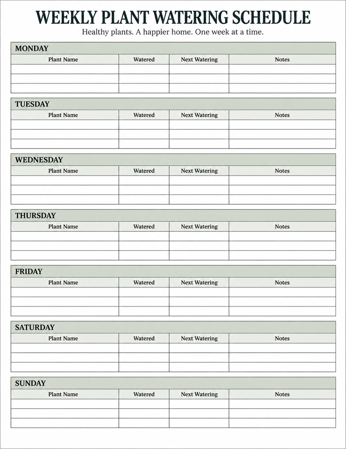Weekly printable plant watering schedule with daily watering and notes sections